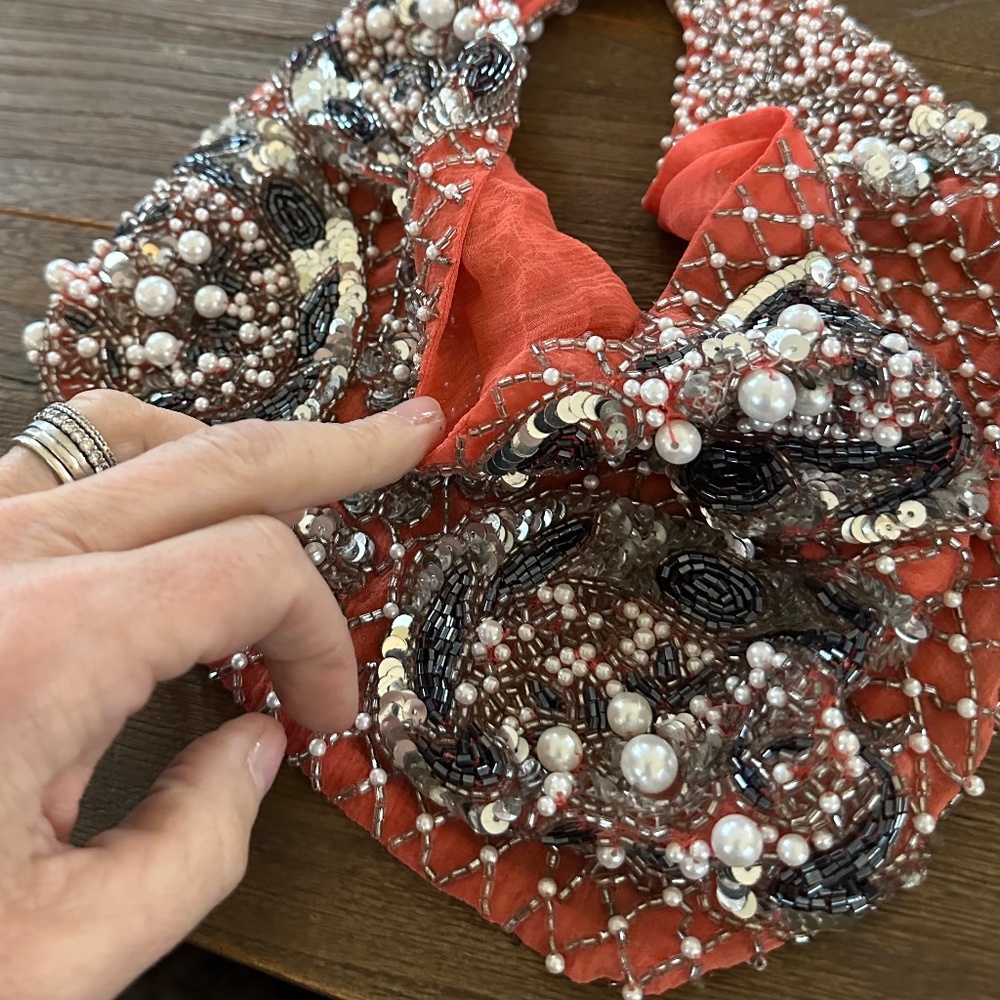 Le Charlotte Silk Beaded Scarf with back snap by Mignonne Gavigan (Roake)